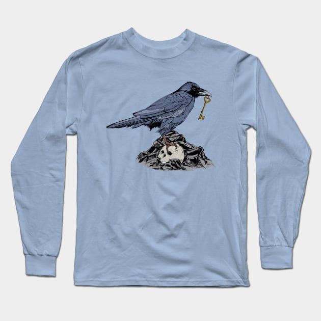 Raven with Golden Key on Rocks and Skull Long Sleeve T-Shirt by NaturalDesign